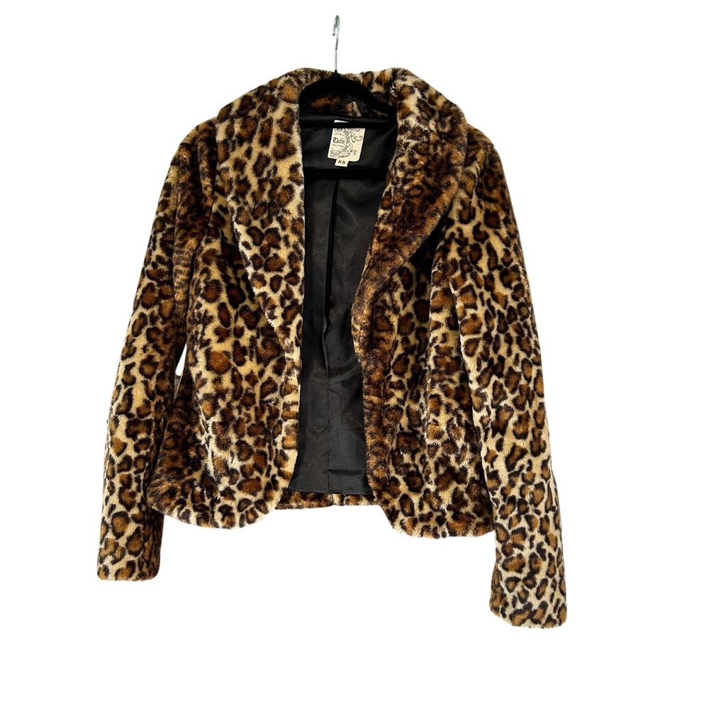 Tulle Faux Fur Leopard Print Jacket XS Cropped Animal Print Coat Shawl Collar